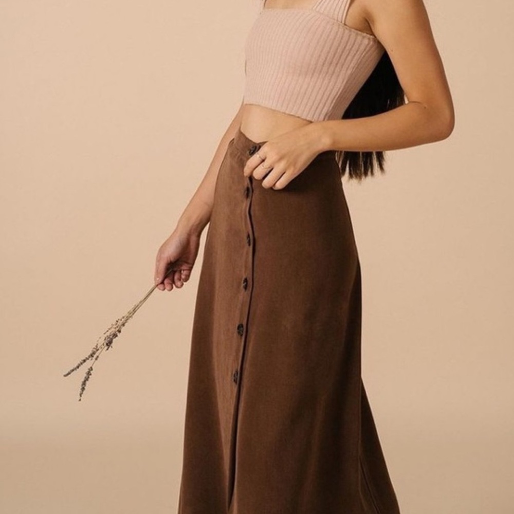 Nora Skirt Brown Button-Front Midi Skirt Cotton - Picture 2 of 10